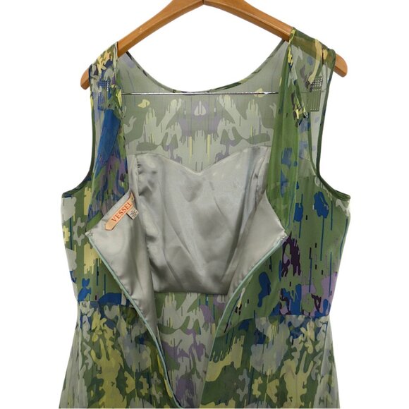 Vessel by Timo  Flowy 100% Silk Green Abstract Print Lace Inset Dress Size 12 - Picture 5 of 12